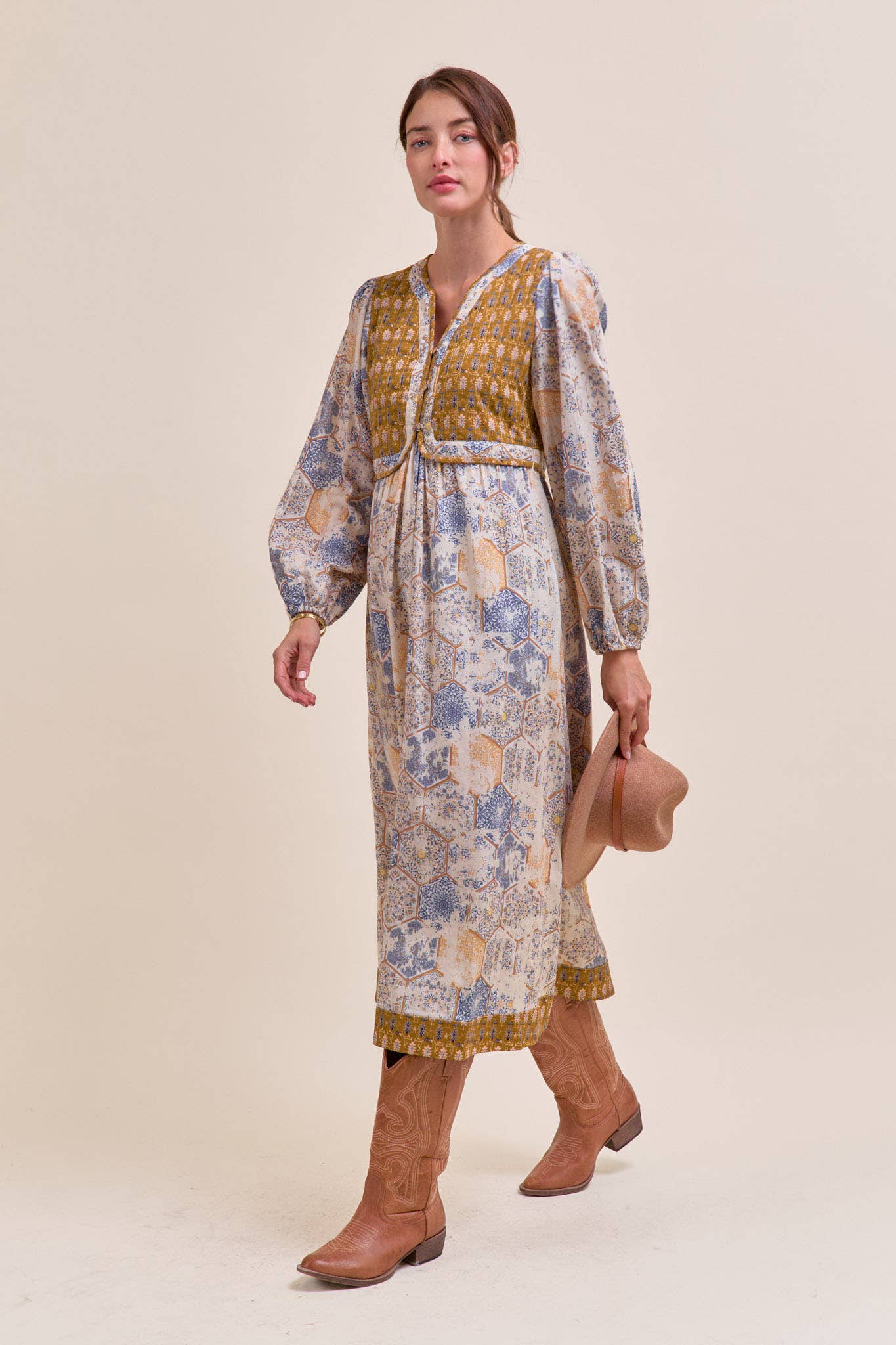 Mustard/Blue Quilted Vest Midi Length Dress