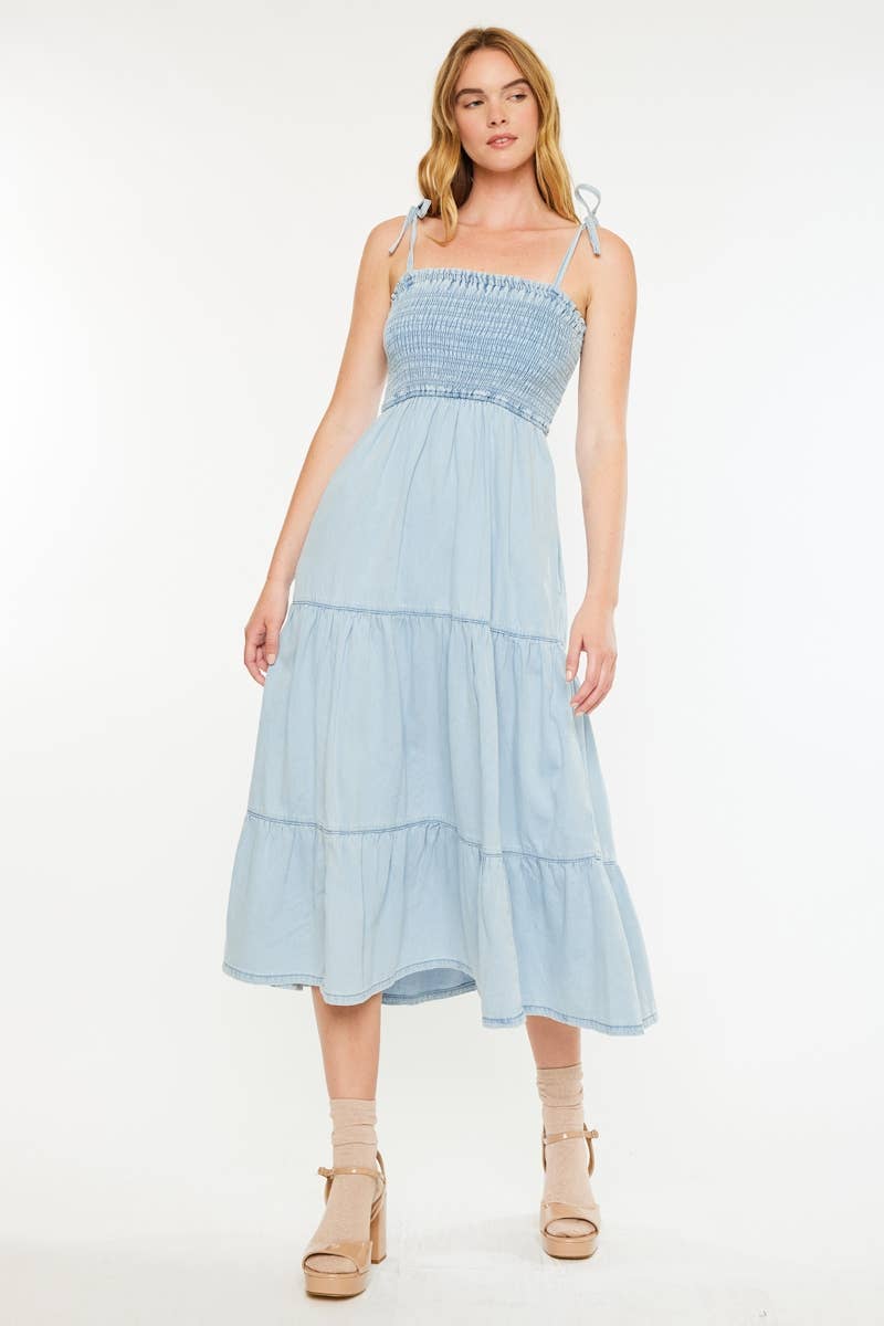 Light Wash Denim Dress with Smocking Detail - Kan Can