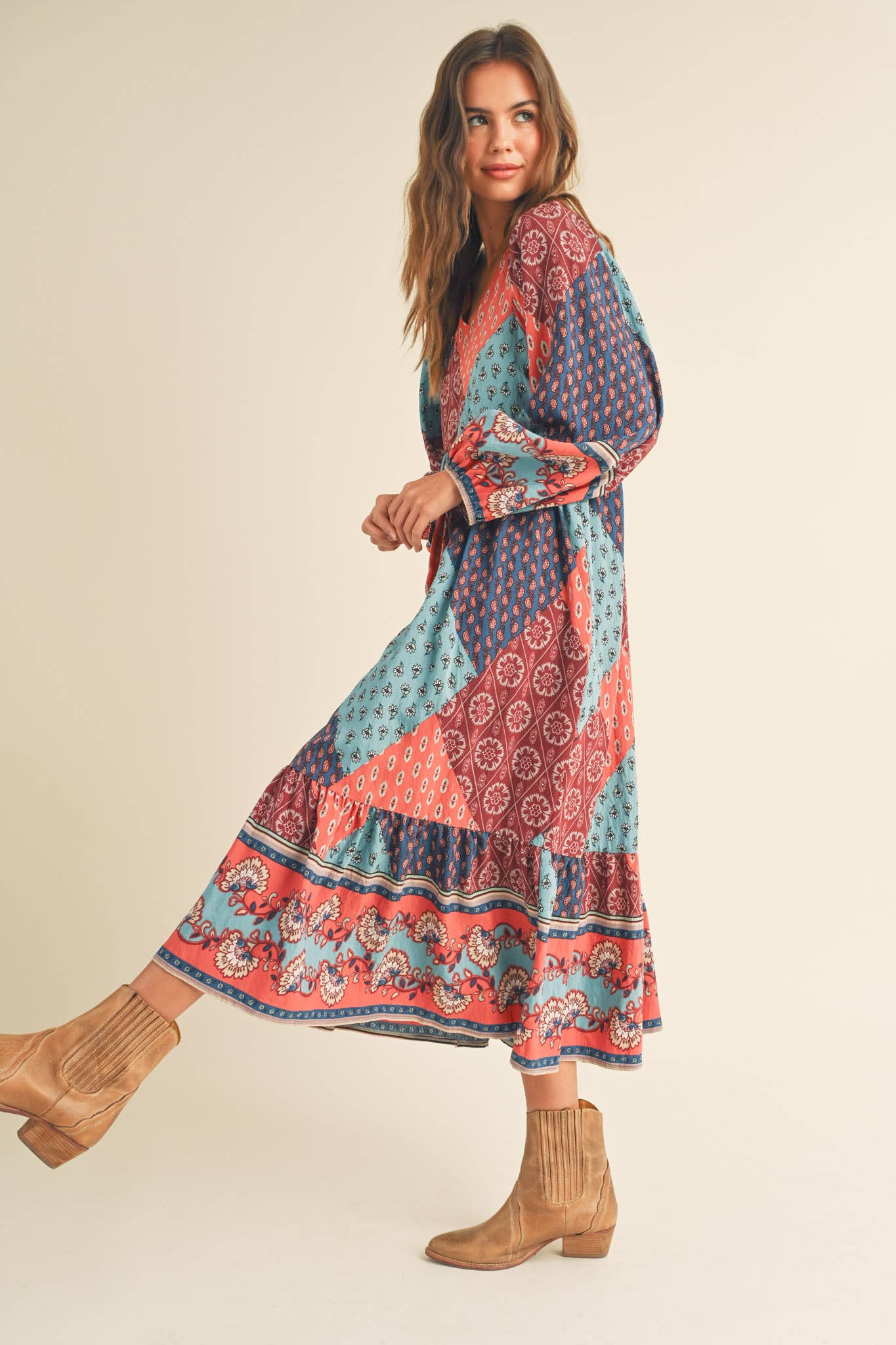 Rust Multi Color Printed Balloon Sleeve Mid Length Dress