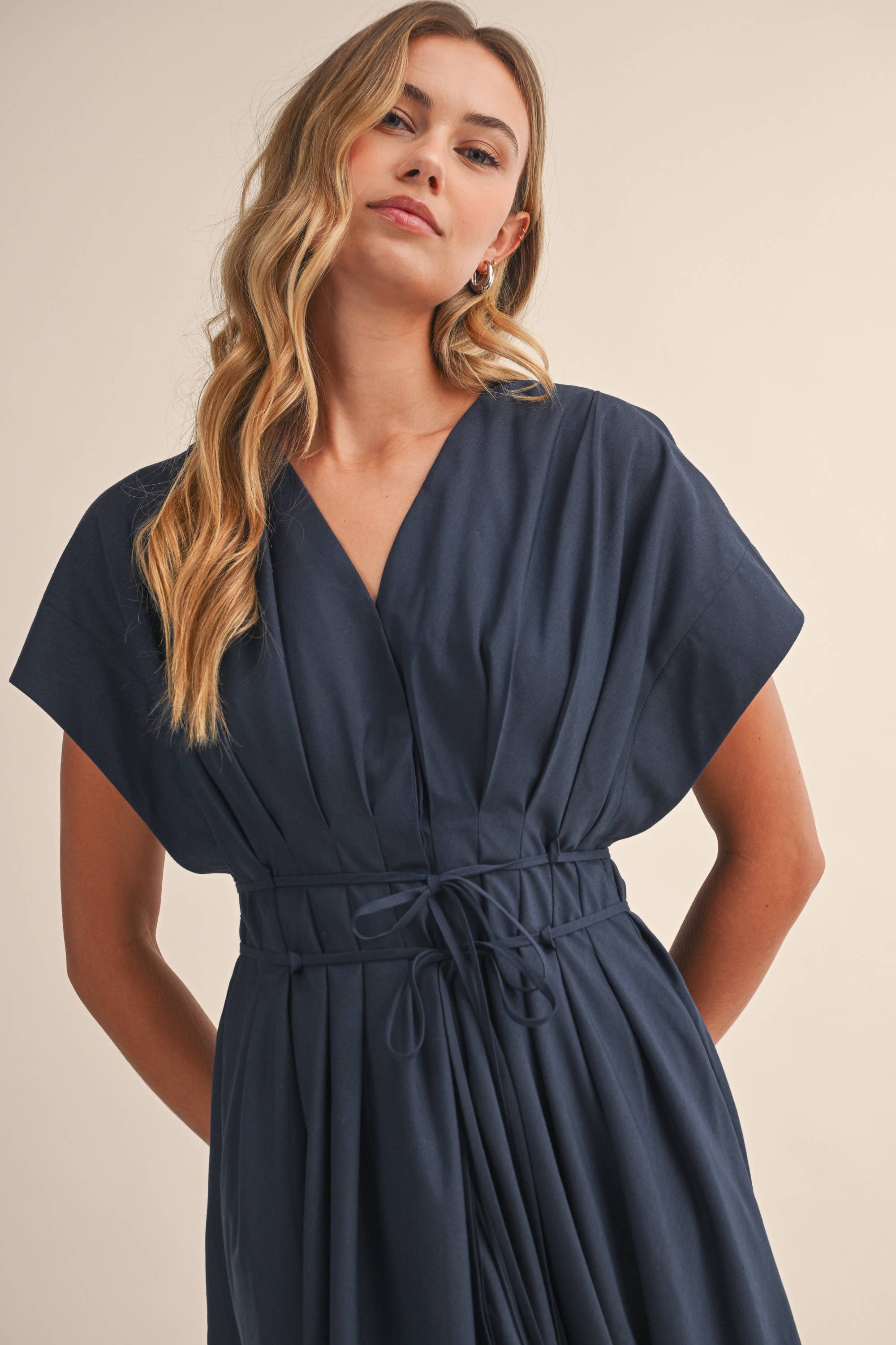 Navy Pleated Belt Mid Length Dress