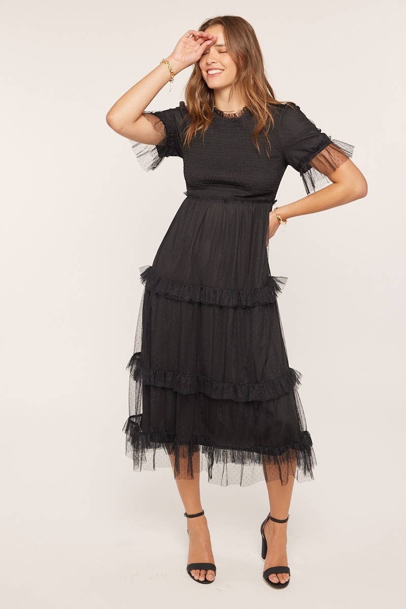 Dot Mesh Tiered Ruffle Midi Dress