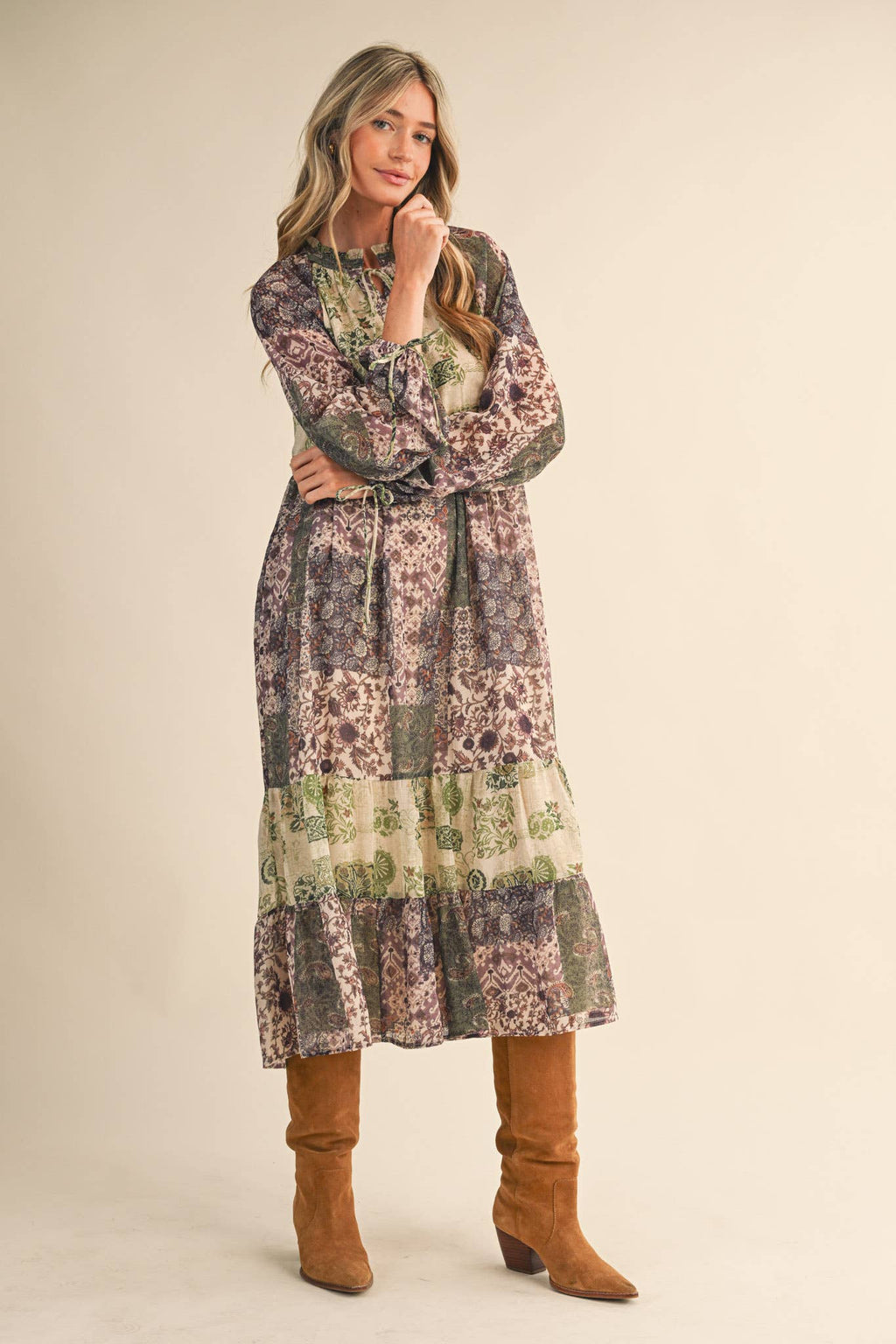 Olive Patchwork Mid Length Dress
