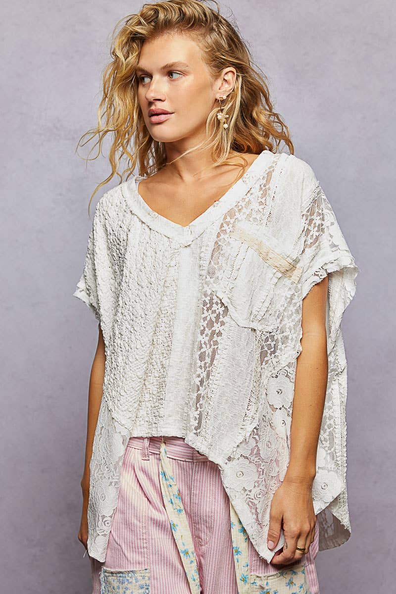 Lavender Patchwork Lace Oversized V-Neck Raw Edge Top