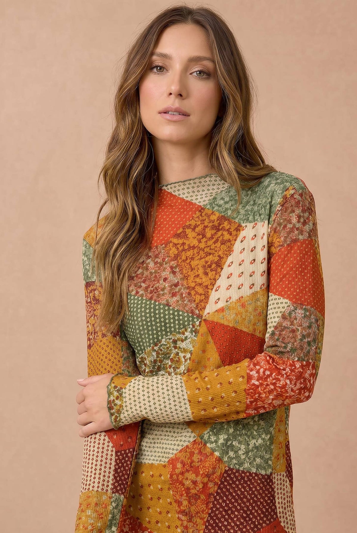Plus Floral Patchwork Thermal Mock Neck Frill Top