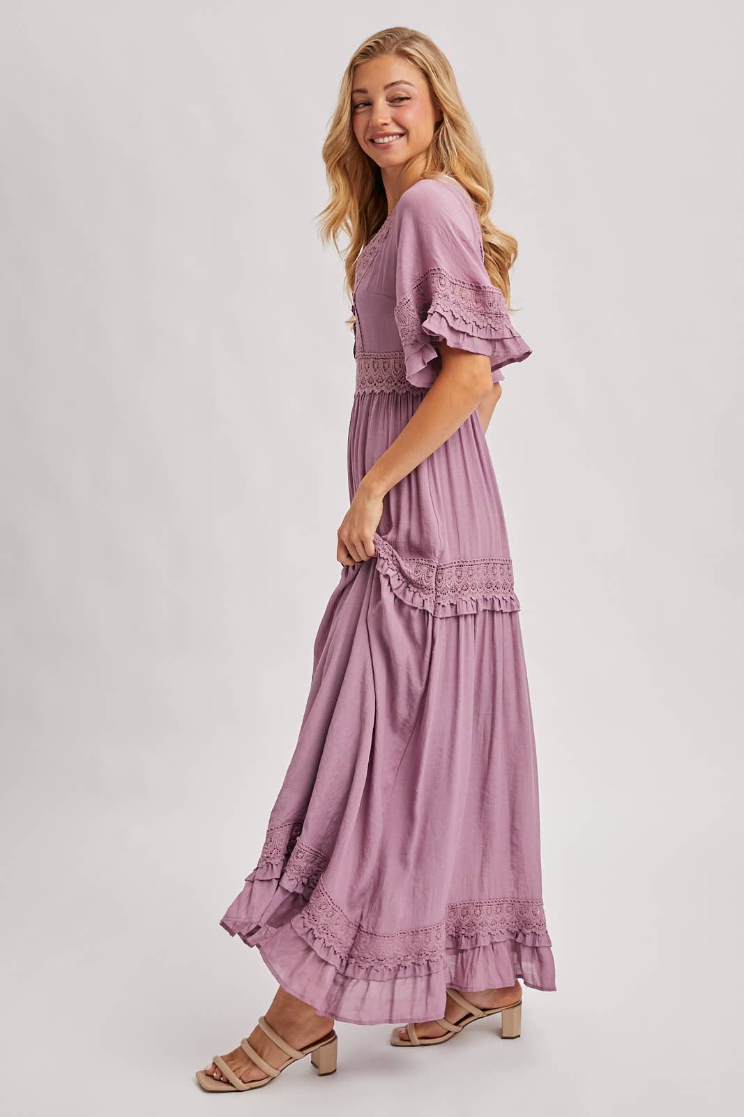 Lace V Neck Maxi Dress with Ruffle Sleeves (Olive & Ivory)