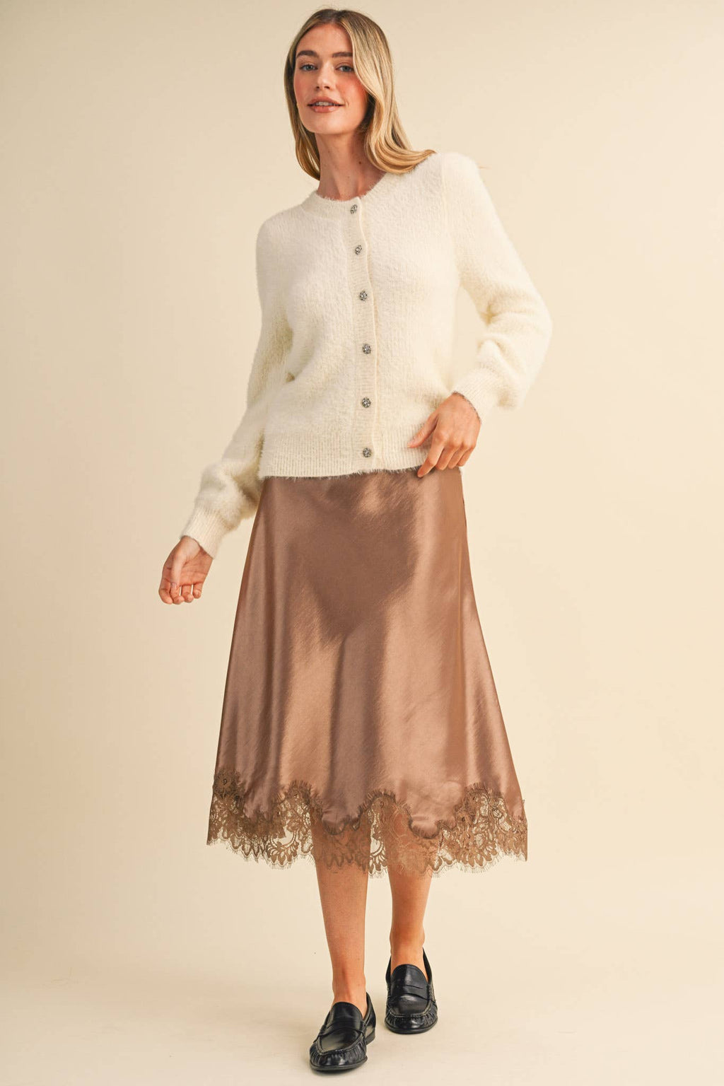 Espresso Satin Midi Slip Skirt with Lace Hem