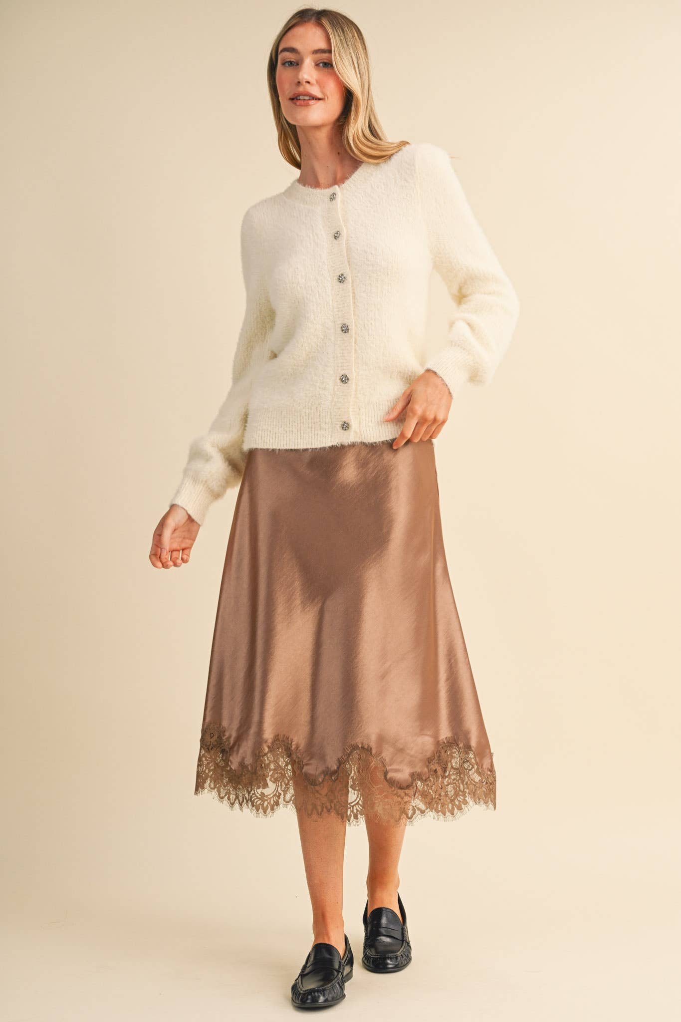 Espresso Satin Midi Slip Skirt with Lace Hem