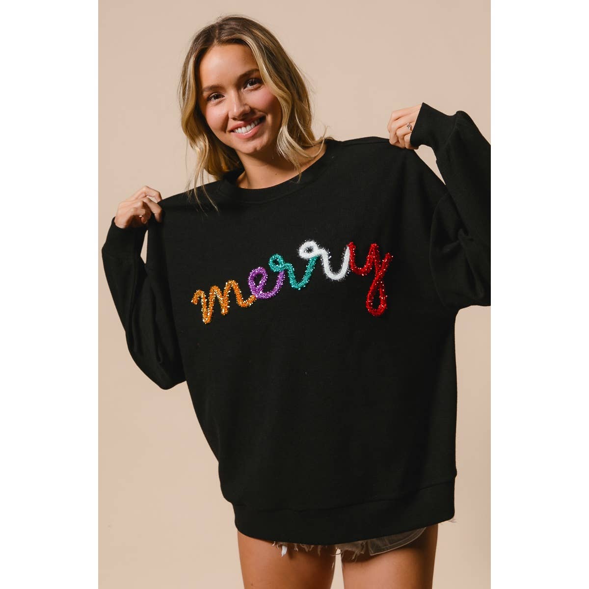 MERRY TINSEL LETTERING TWO TONE RIB PULLOVER