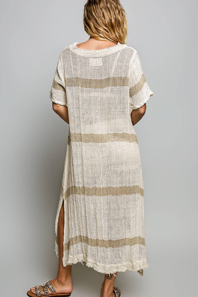Stripe Pattern Short Sleeve Raw Edge Linen Long Dress