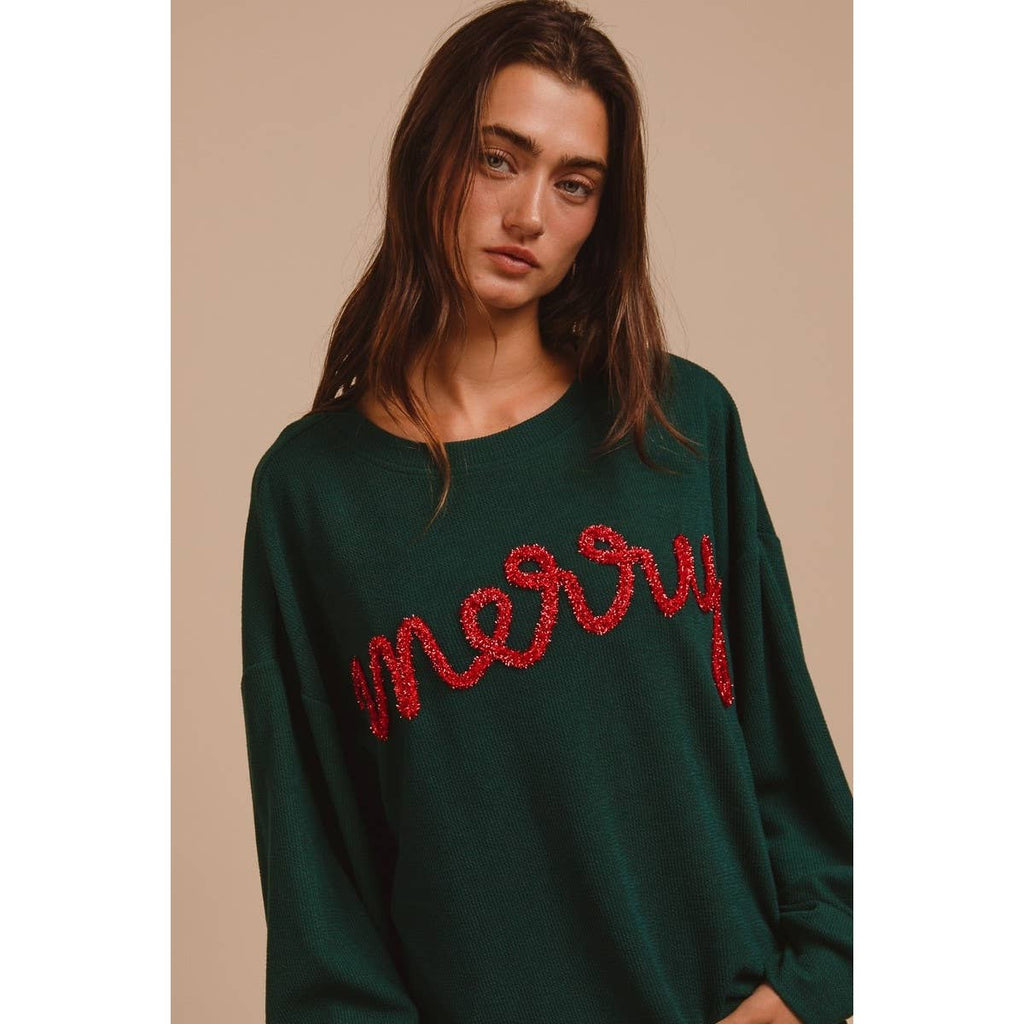 MERRY TINSEL LETTERING TWO TONE RIB PULLOVER