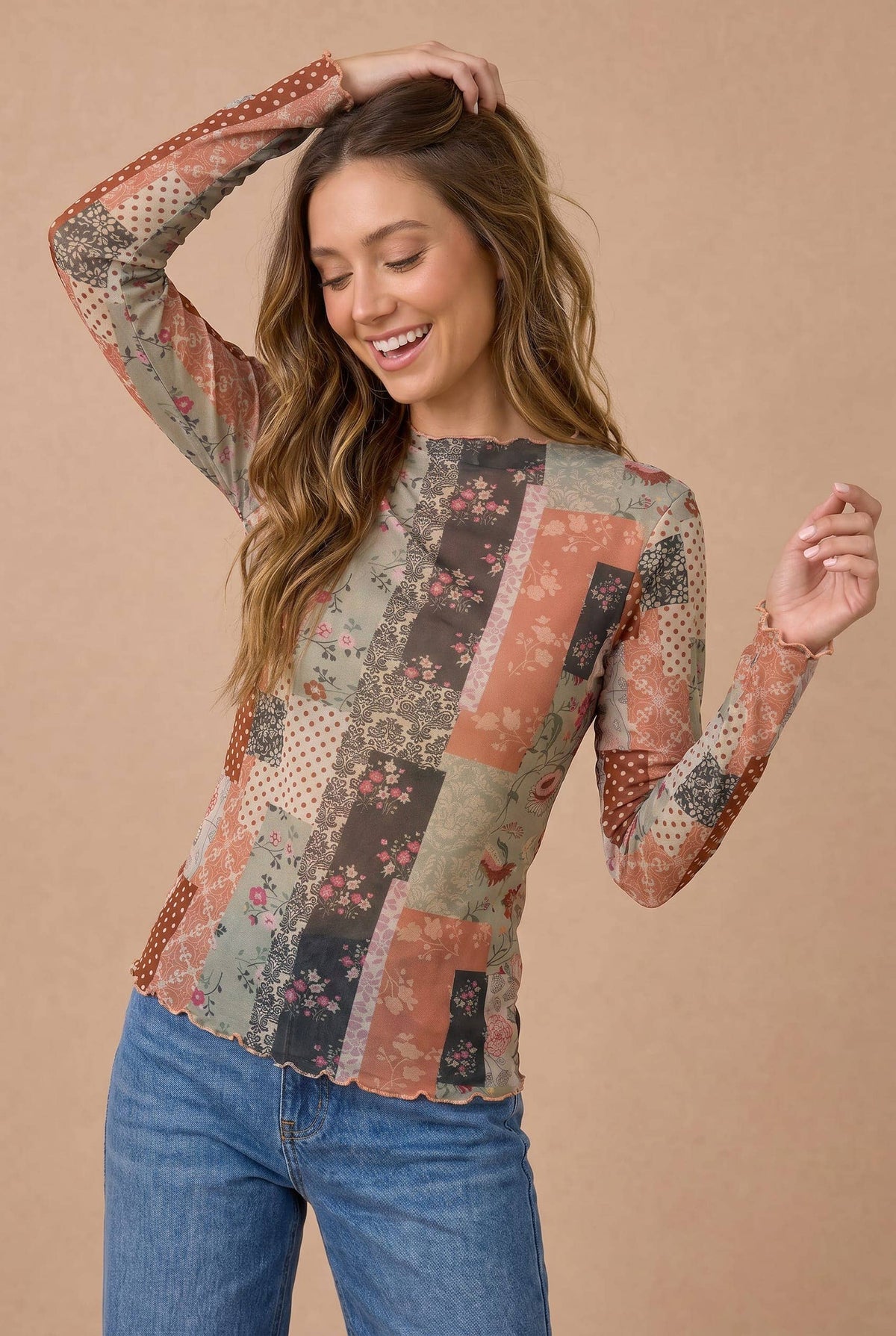 Patchwork Mesh High Neckline Frilled Top