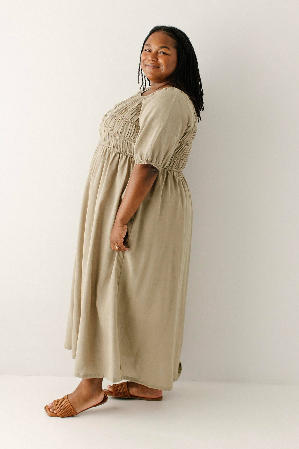 Willow Fall Square Neck Smocked Bodice Midi Dress