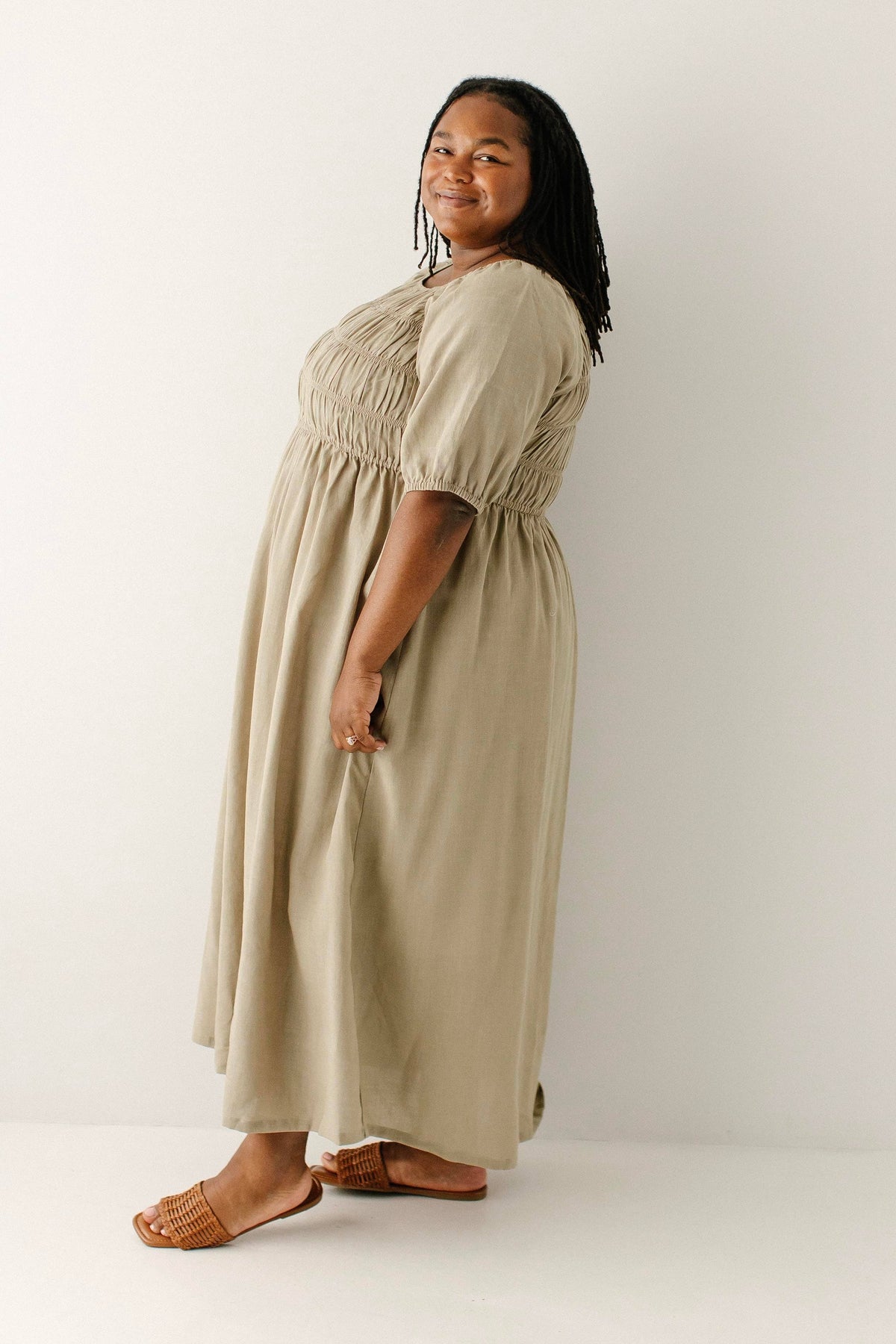 Willow Fall Square Neck Smocked Bodice Midi Dress