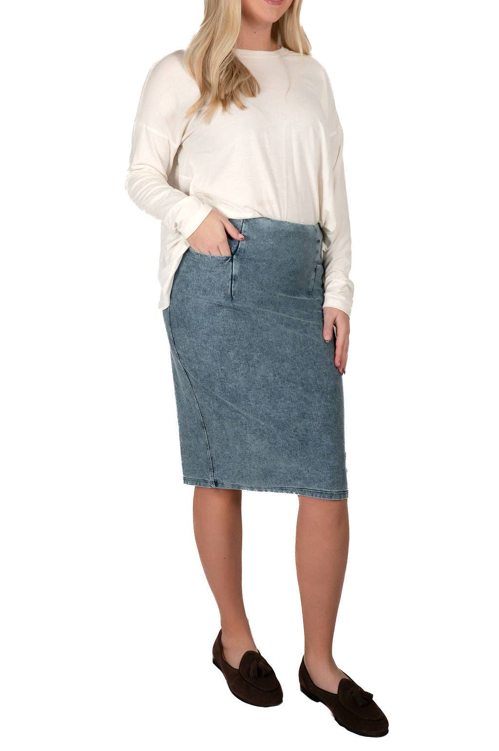 Flex Denim Pencil Skirt – 24" Modest Length