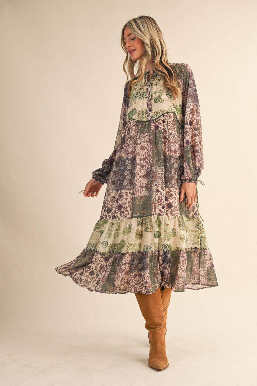 Olive Patchwork Mid Length Dress
