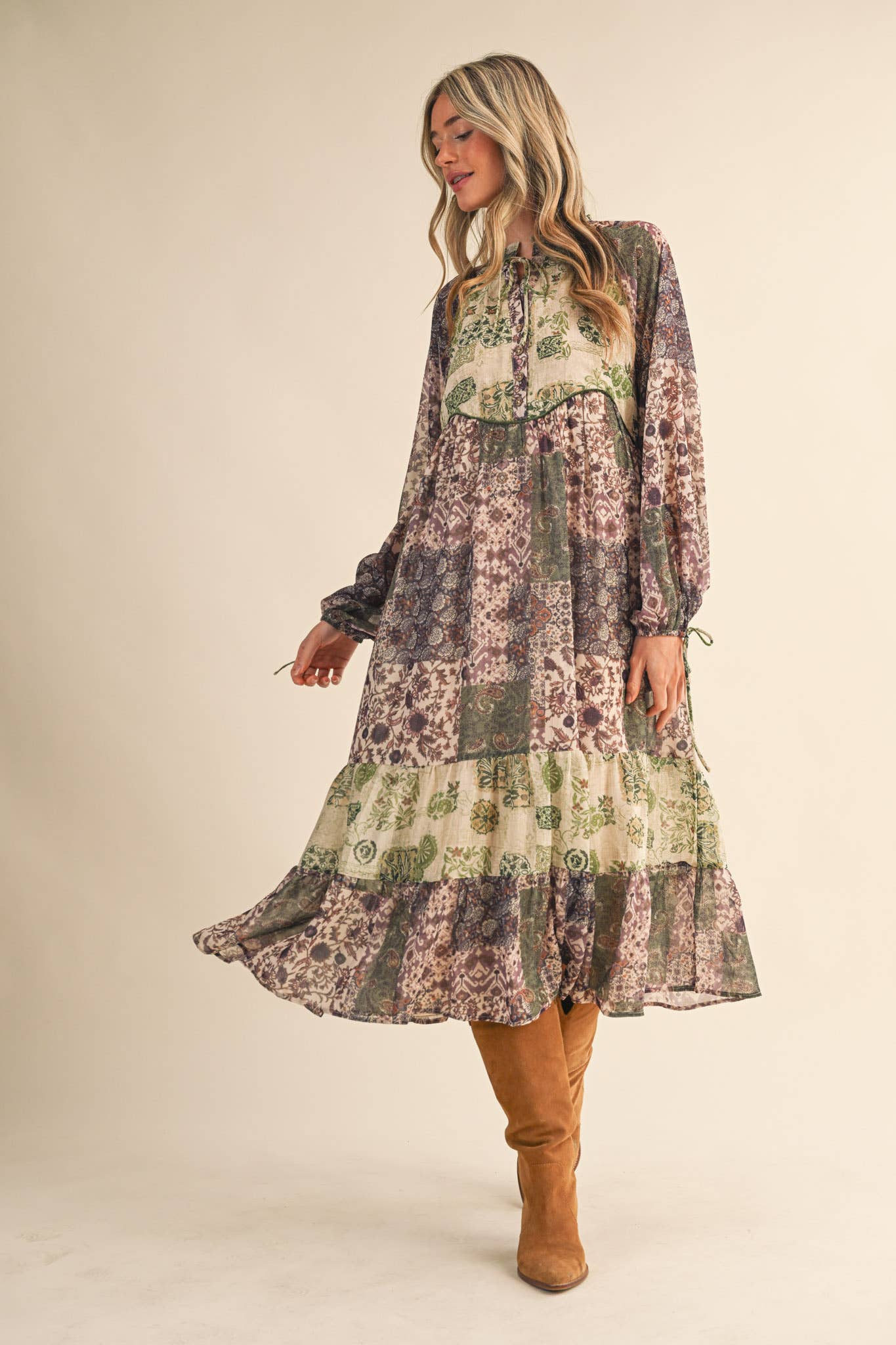 Olive Patchwork Mid Length Dress