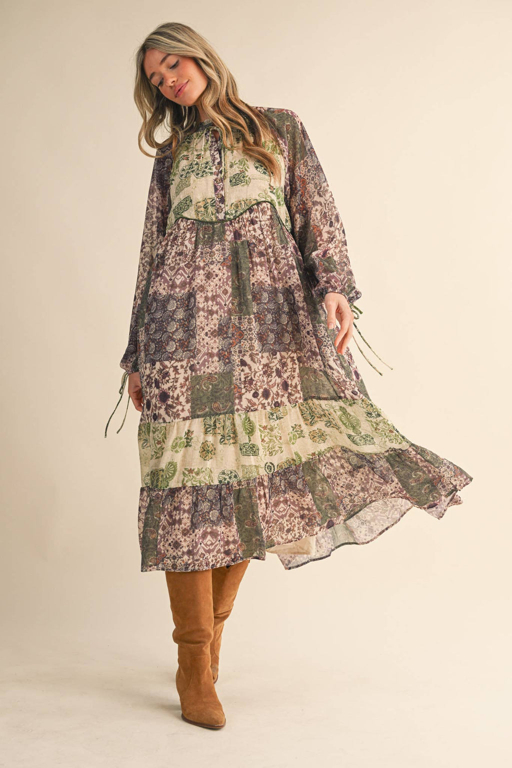 Olive Patchwork Mid Length Dress