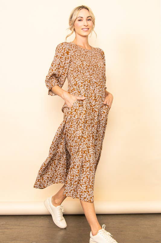 Vintage Floral Smocked Tiered Midi Dress with Pockets