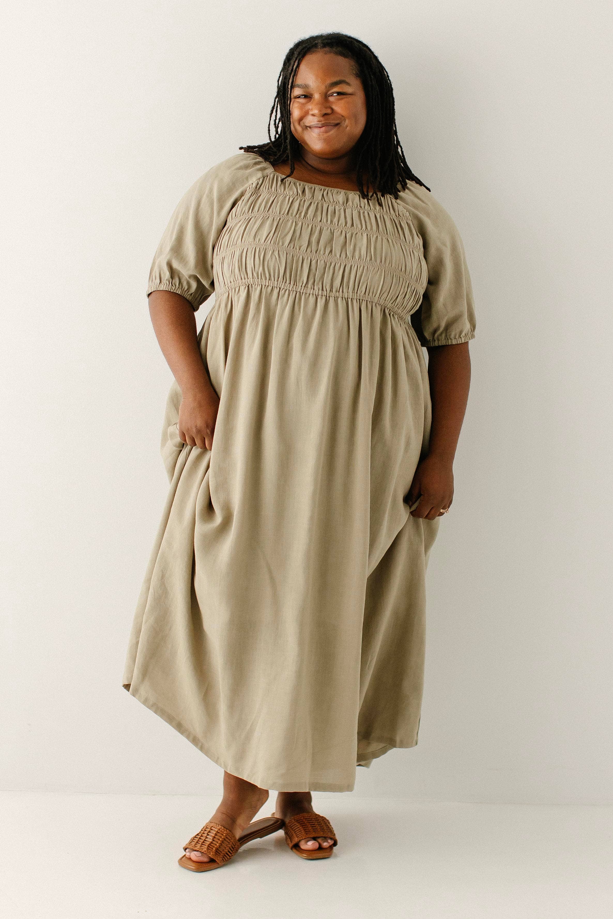 Willow Fall Square Neck Smocked Bodice Midi Dress