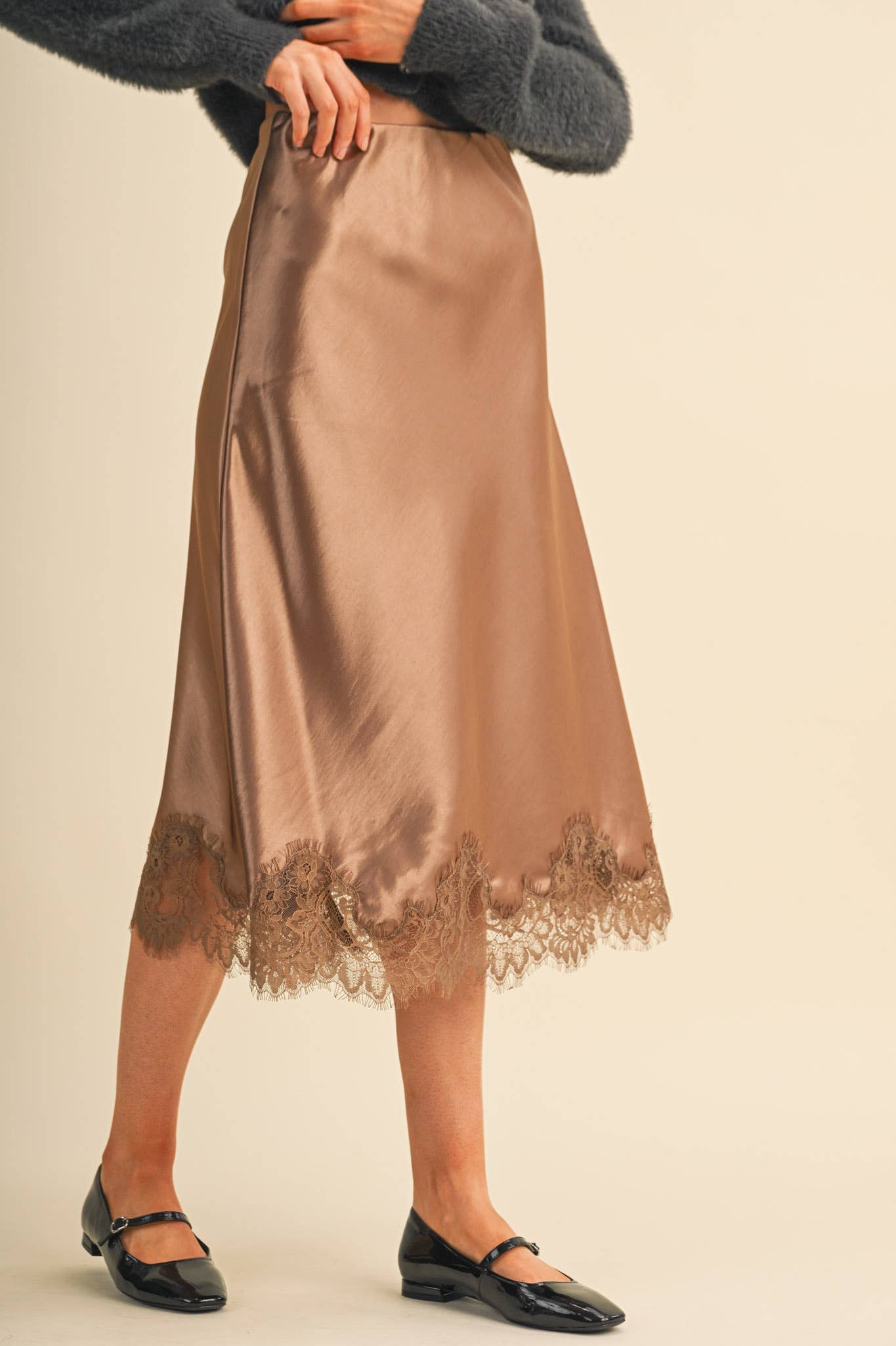 Espresso Satin Midi Slip Skirt with Lace Hem