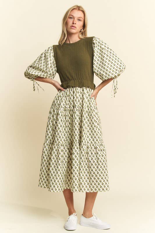 Floral Print Mixed Media Tiered Midi Dress
