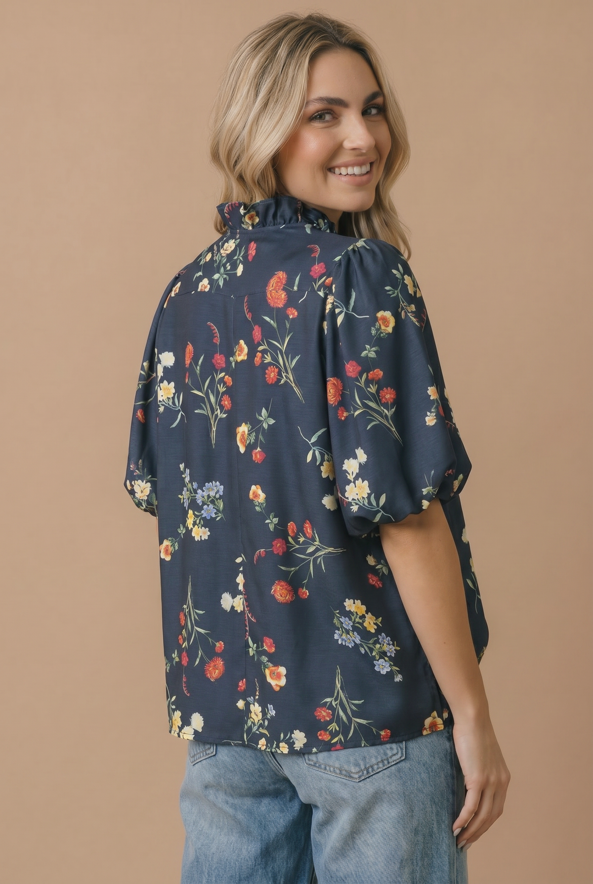 Plus Notch Neck Floral Empire Waist Woven Top