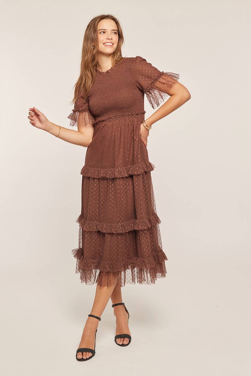 Dot Mesh Tiered Ruffle Midi Dress