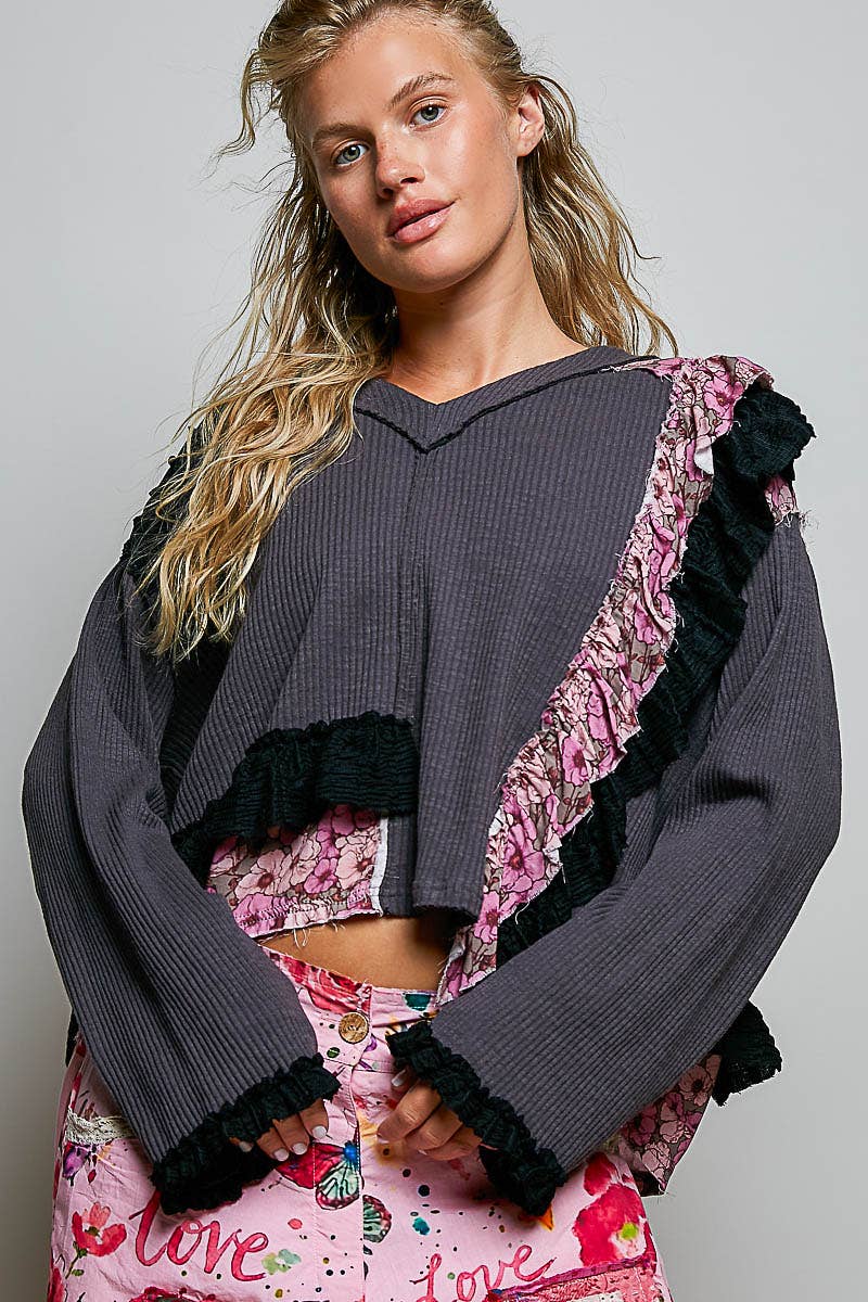 Floral Ruffle Trim Textured Ribbed Long Sleeve Knit Top