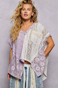 Lavender Patchwork Lace Oversized V-Neck Raw Edge Top