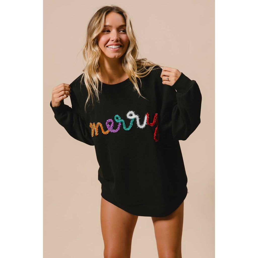 MERRY TINSEL LETTERING TWO TONE RIB PULLOVER