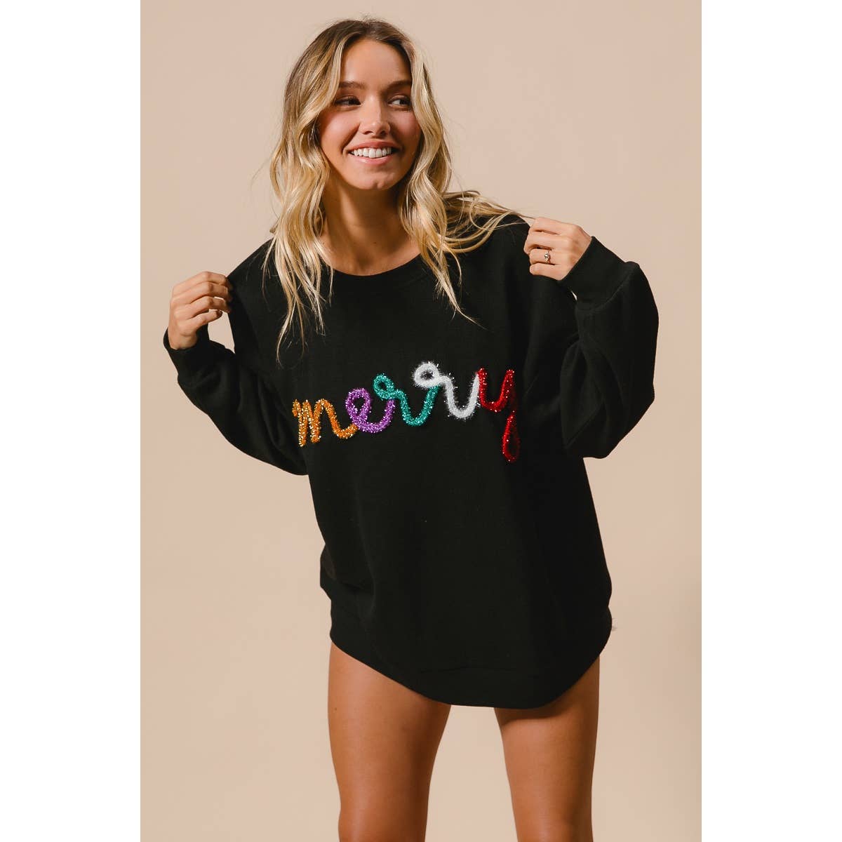 MERRY TINSEL LETTERING TWO TONE RIB PULLOVER