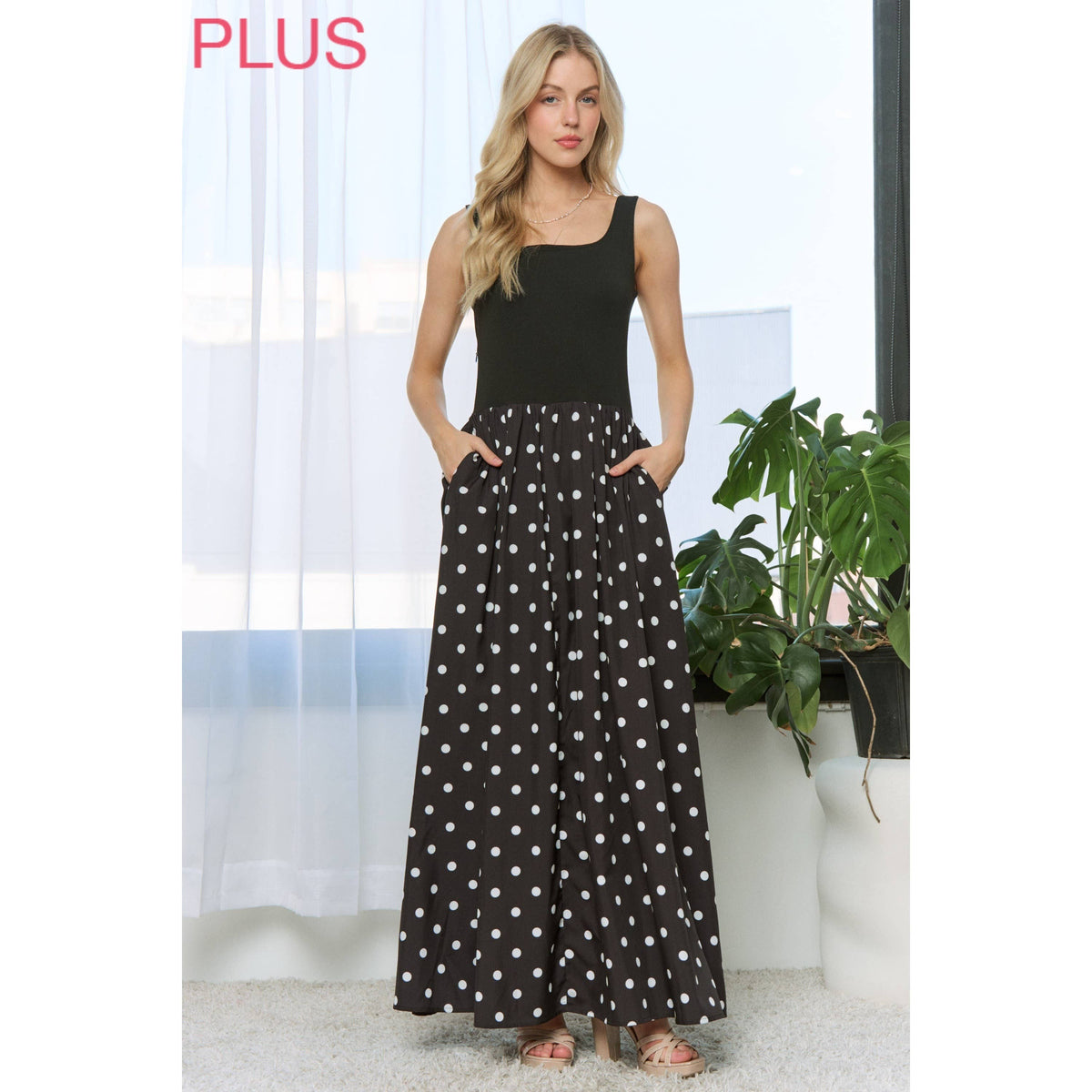 PLUS MIDNIGHT POLKA DOT SQUARE NECK MAXI DRESS