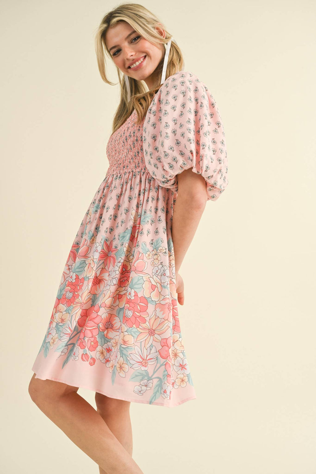 Pink/Peach Floral Smocked Knee Length Dress with Puff Sleeves