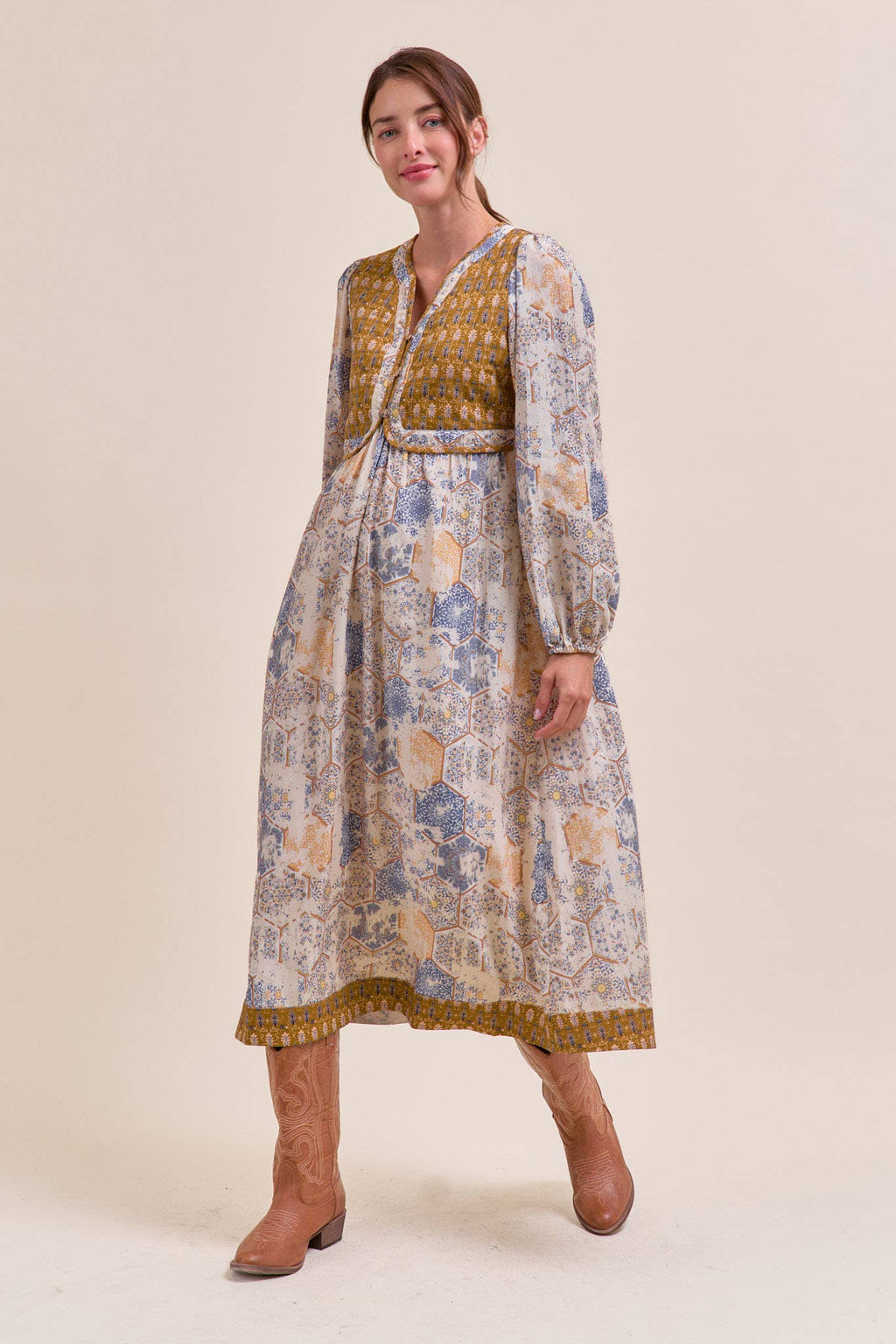 Mustard/Blue Quilted Vest Midi Length Dress
