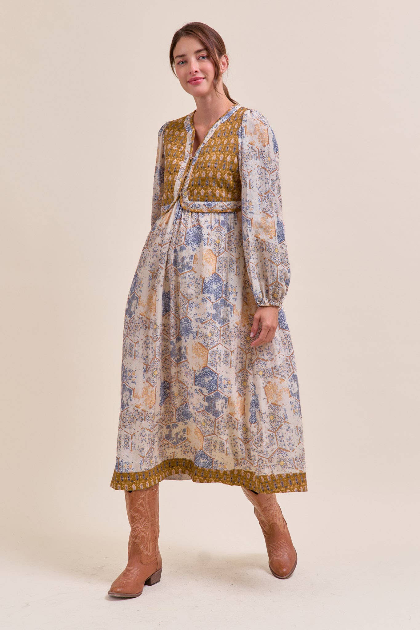Mustard/Blue Quilted Vest Midi Length Dress
