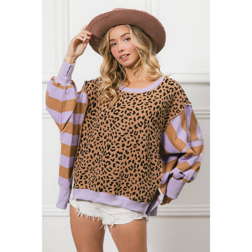 LEOPARD AND STRIPE MIXED TOP