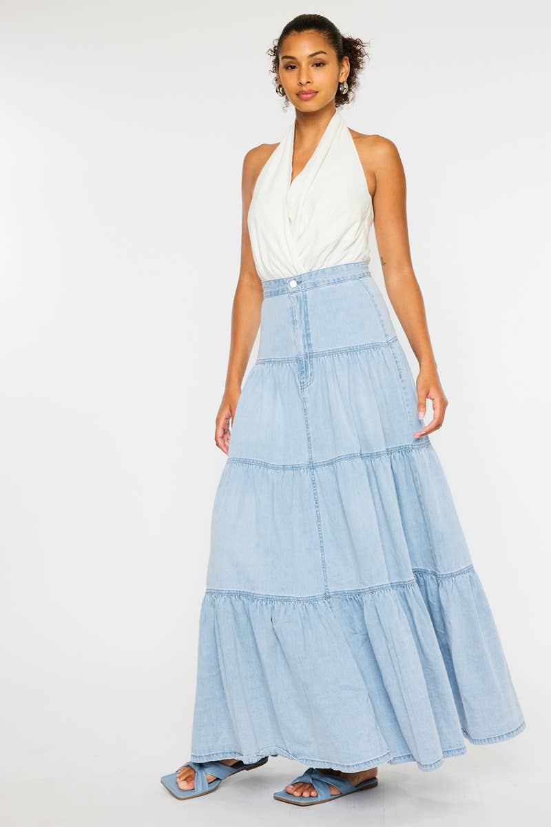 Light Wash Tiered Maxi Skirt - Kan Can