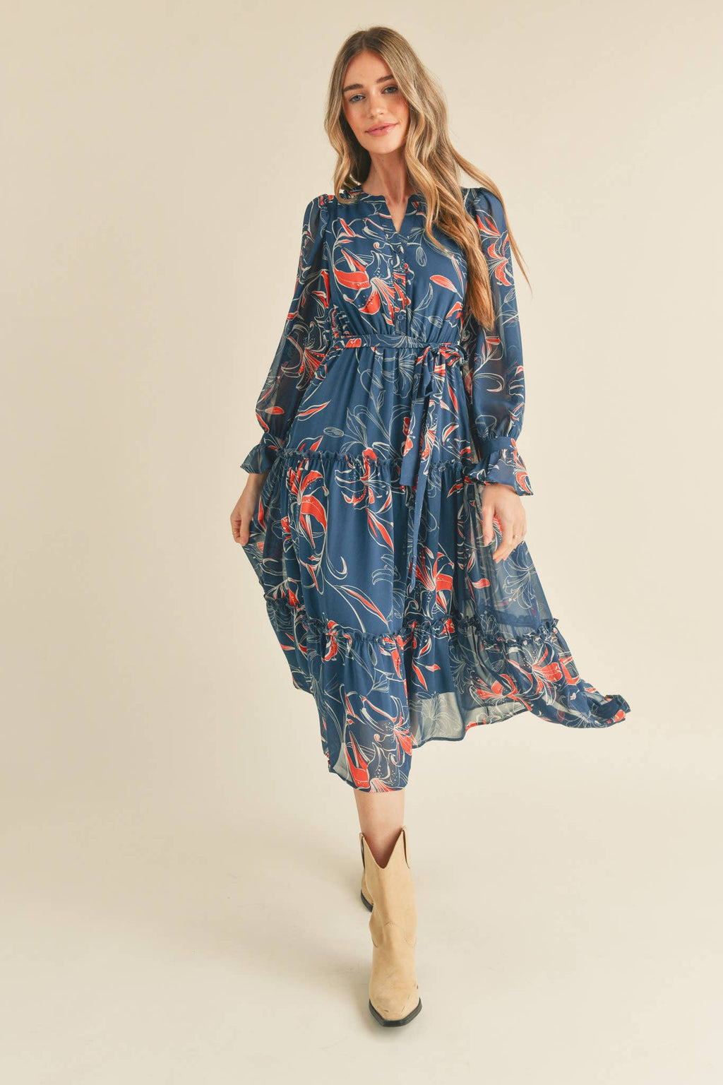 Teal Floral Button Down Ruffle Tiered Dress