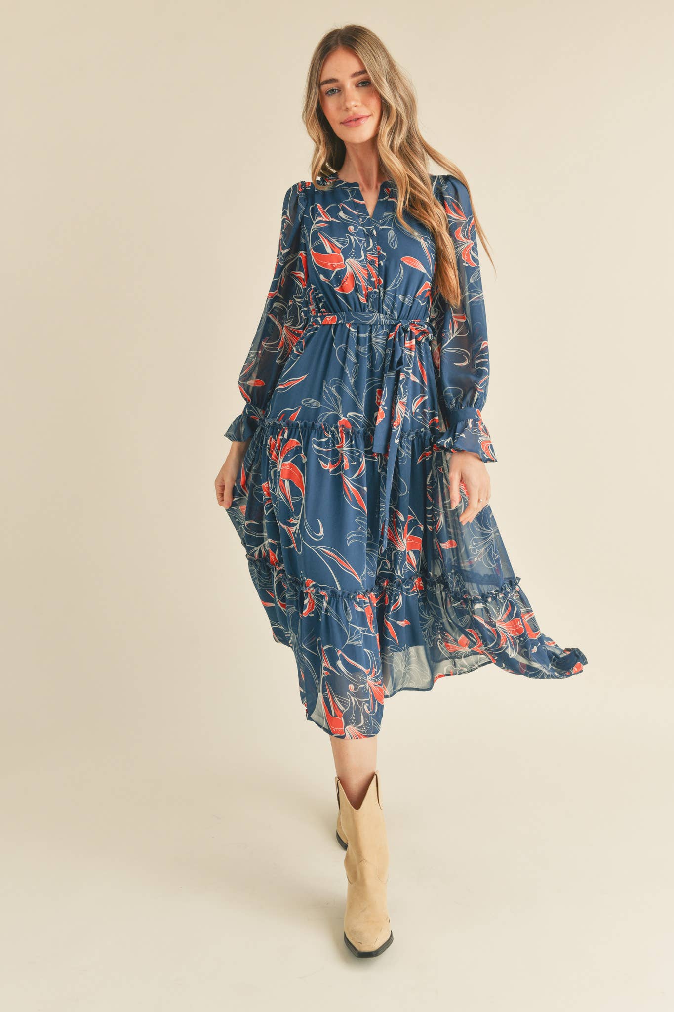 Teal Floral Button Down Ruffle Tiered Dress