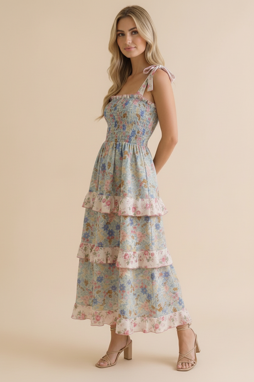 Plus Smocking Tube Color Block Floral Maxi Dress