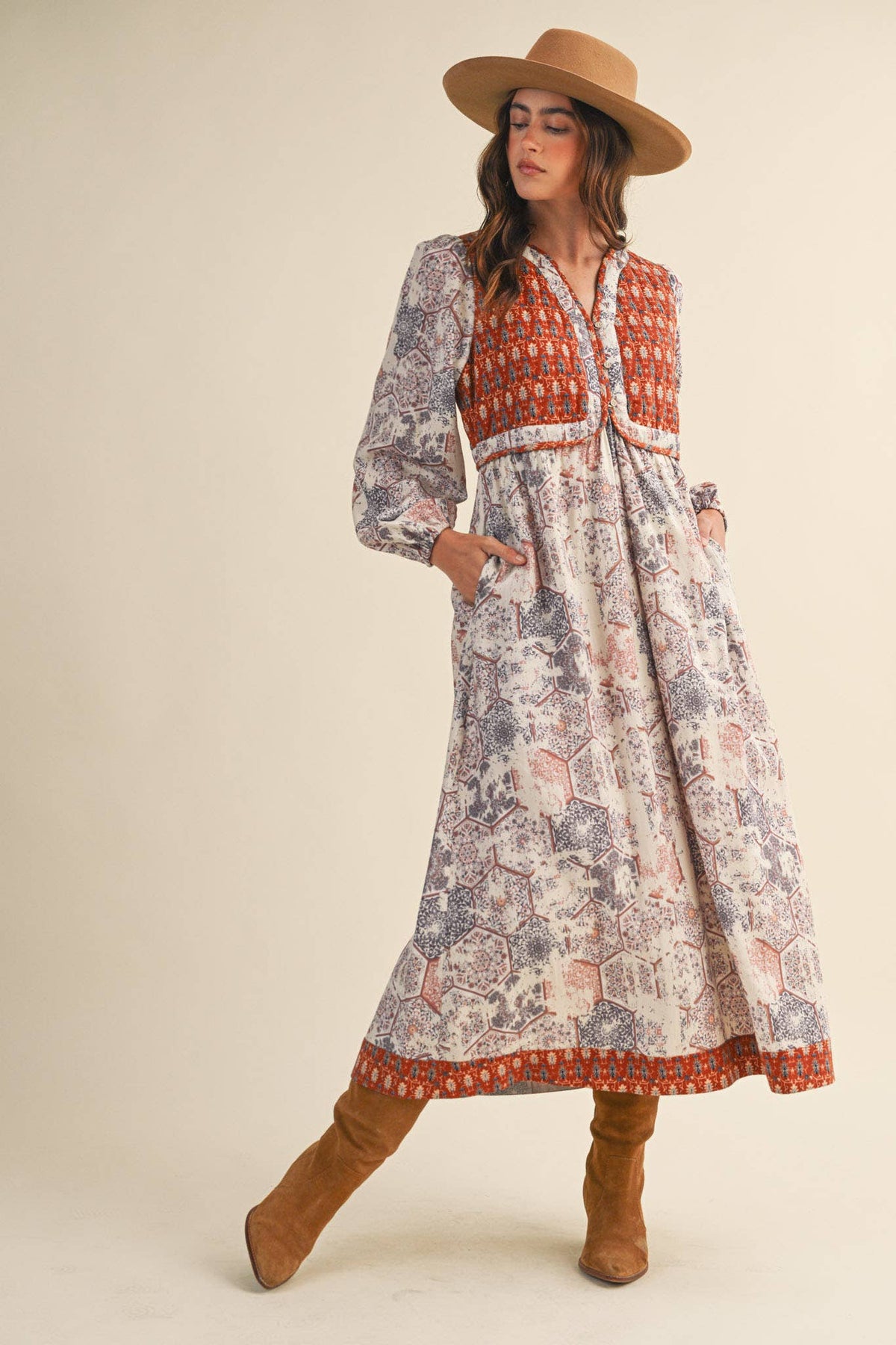 Mustard/Blue Quilted Vest Midi Length Dress