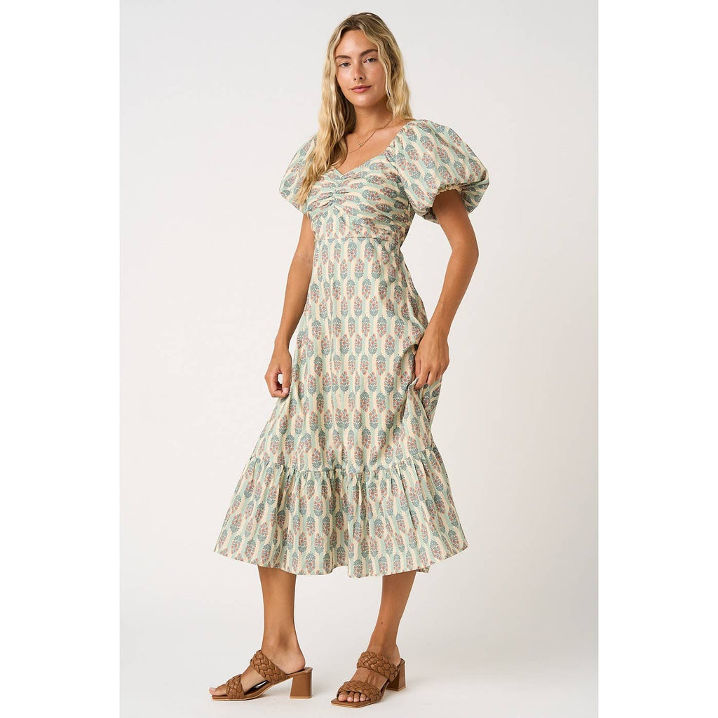 Sage/Ivory Striped with Peach Floral Puff Sleeve Dress