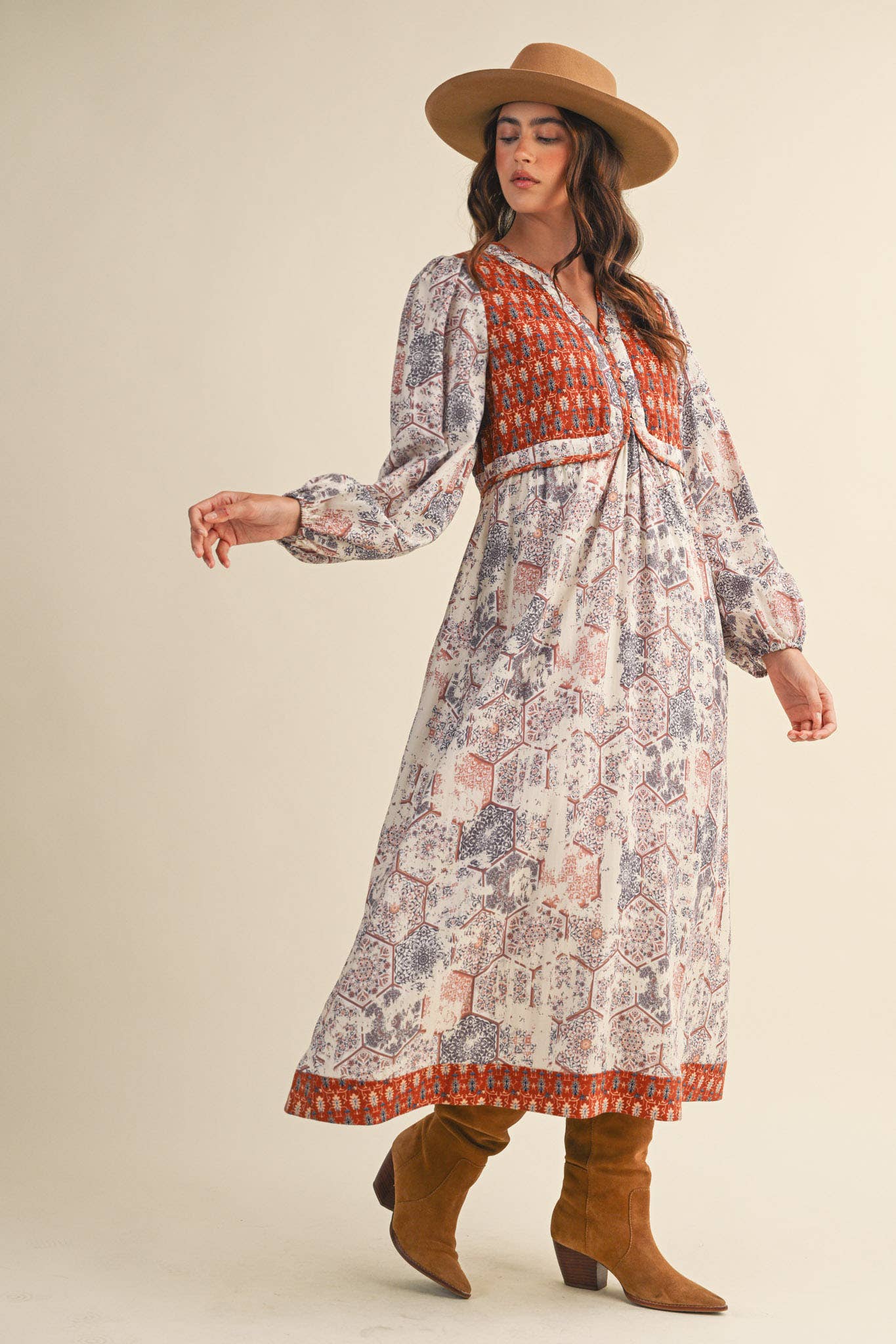 Mustard/Blue Quilted Vest Midi Length Dress