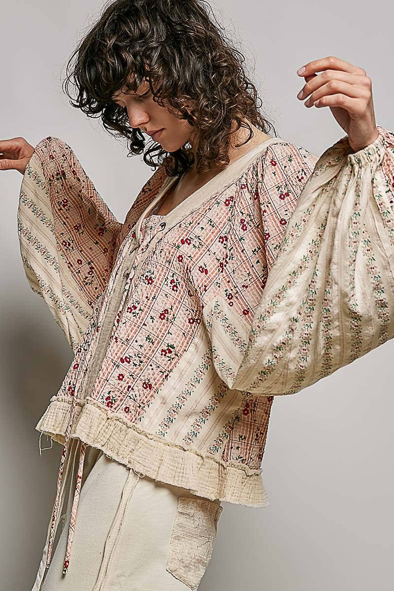Beige/Peach Multi Color V Neck Balloon Sleeve Top