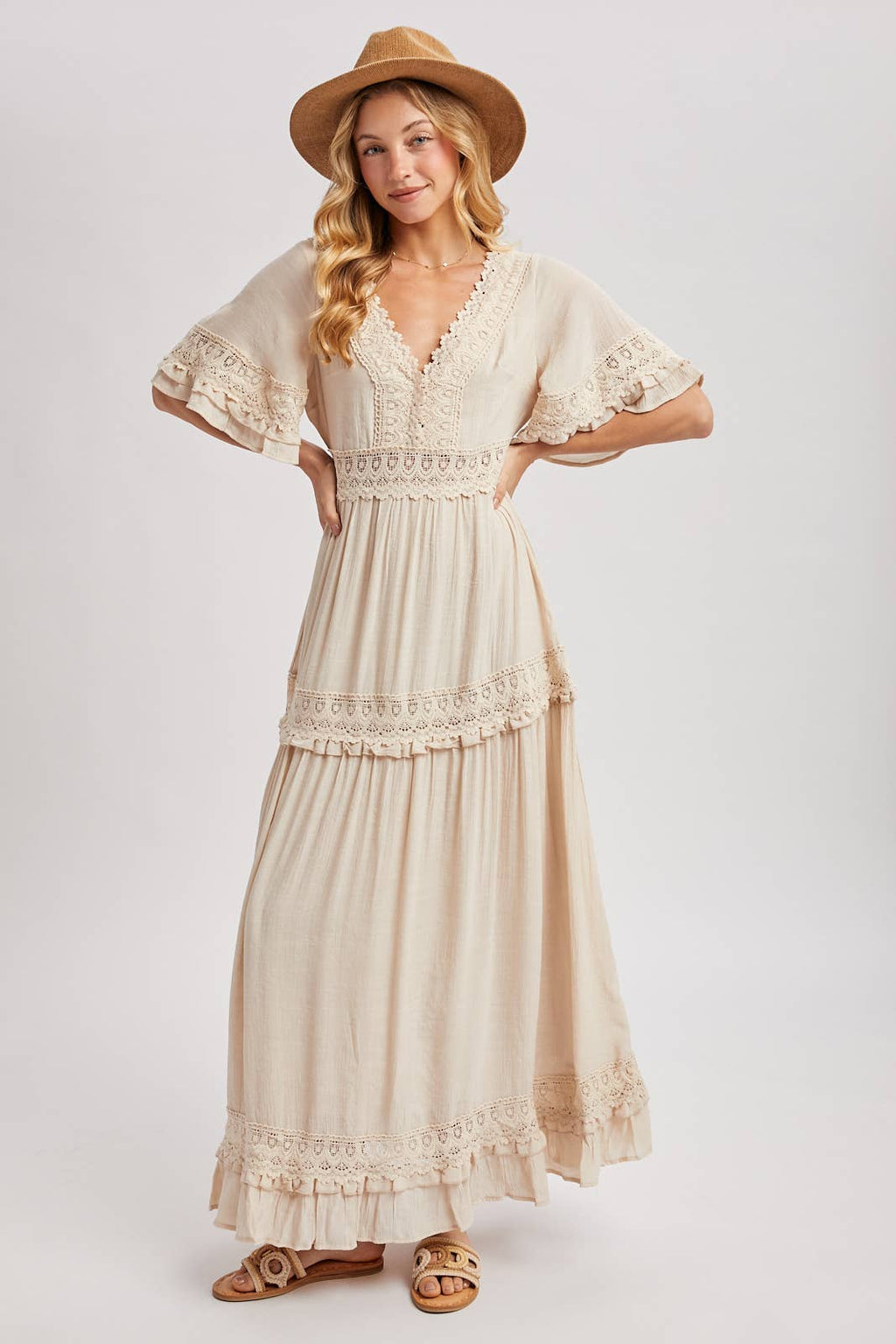 Lace V Neck Maxi Dress with Ruffle Sleeves (Olive & Ivory)