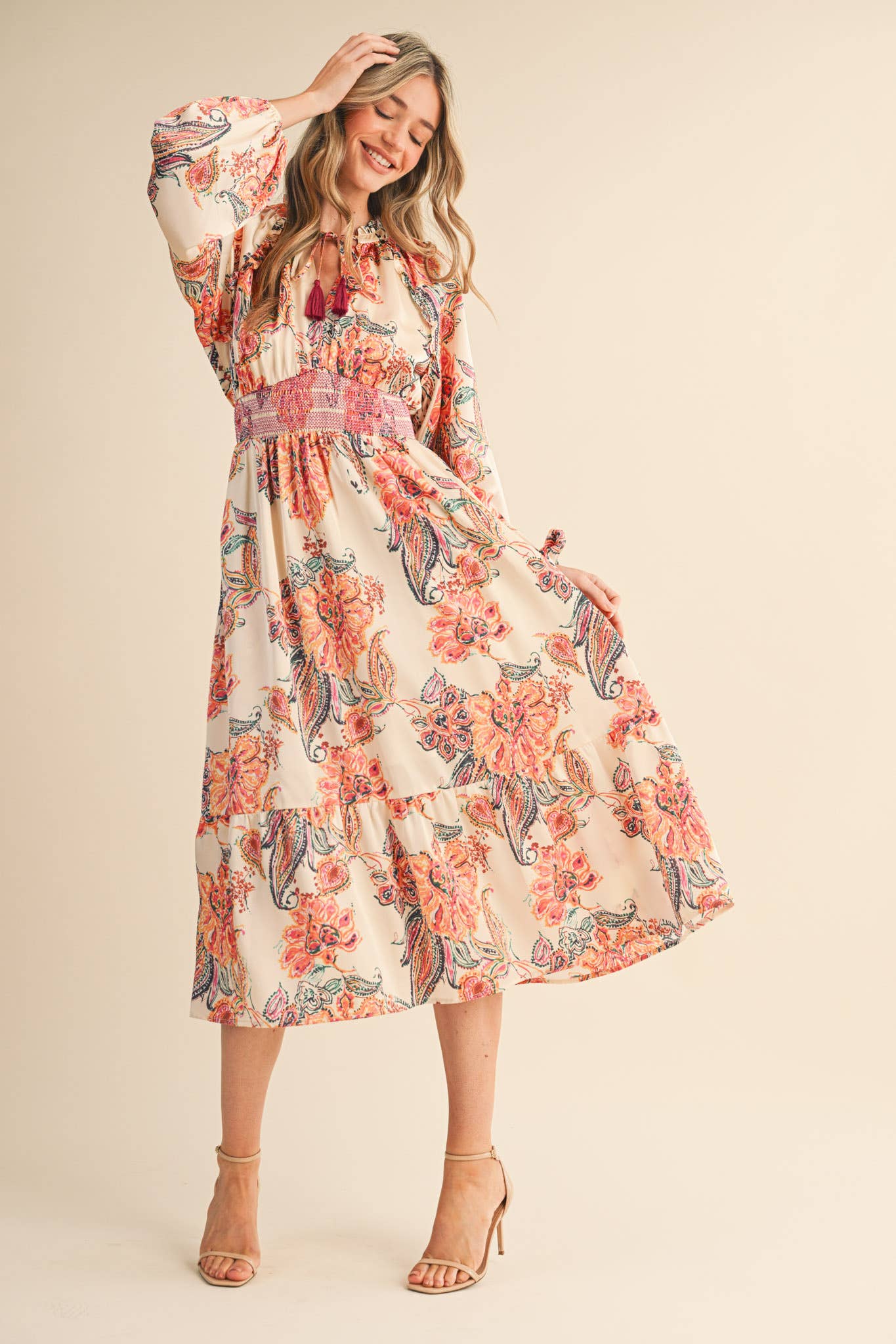 Cream Paisley Dress with Smocked Detail