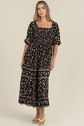 C4925-WB01 PUFF SLEEVE SMOCKED BODICE MID LENGTH DRESS
