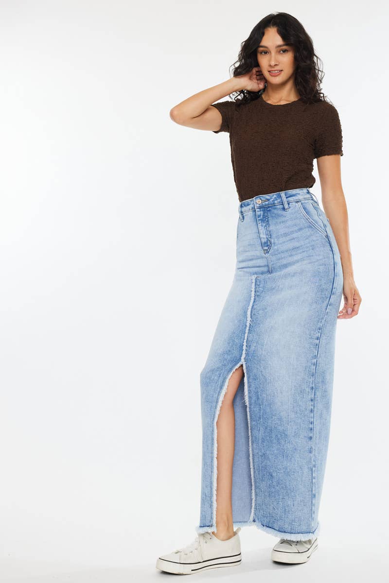 Medium Wash High Waisted Maxi Skirt with Front Slit - Kan Can