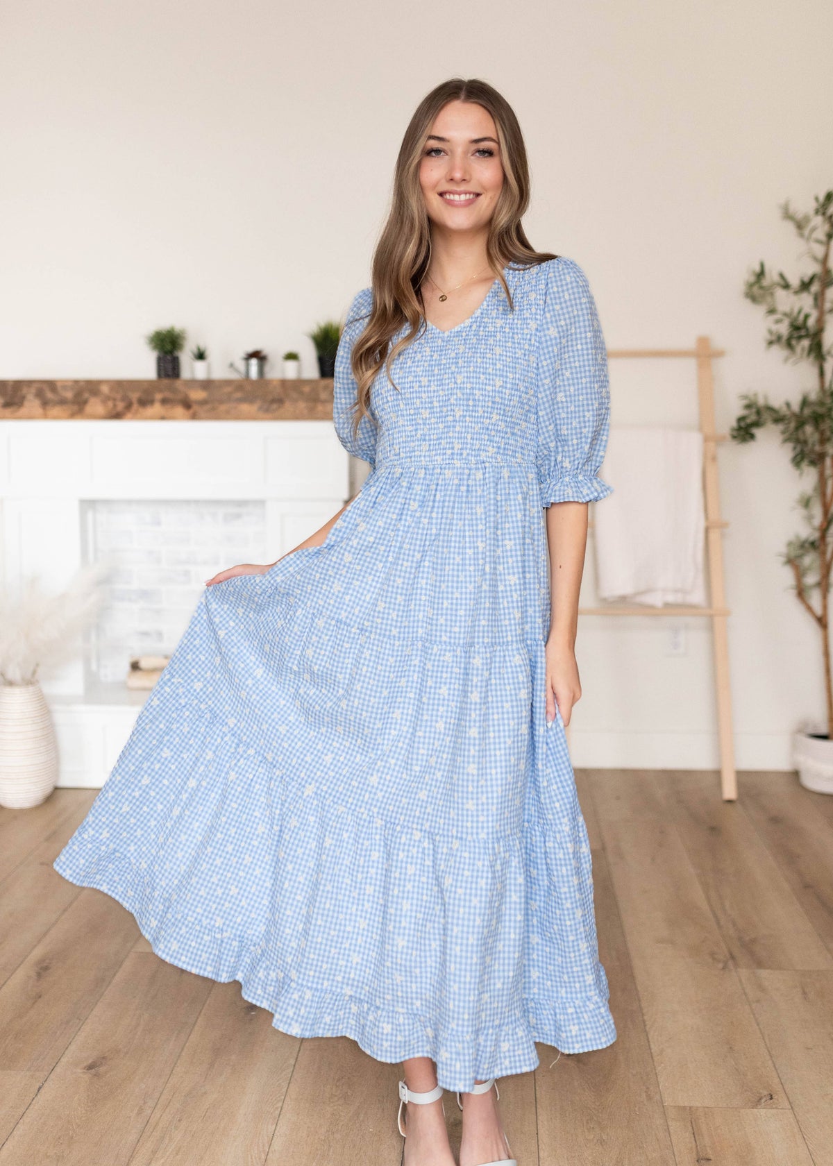 Mikayla Blue Gingham Floral Dress