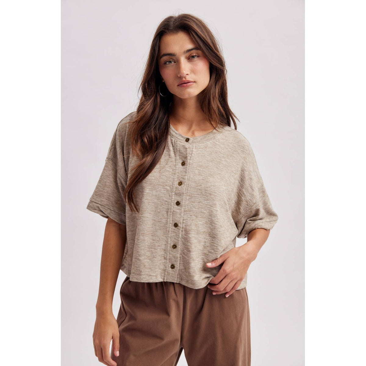 Grey Short Sleeve Button Down Knit Top